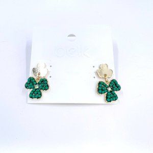 NWT - Belk - Green Seed Bead Encrusted Clover Gold Tone Shamrock Post Earrings